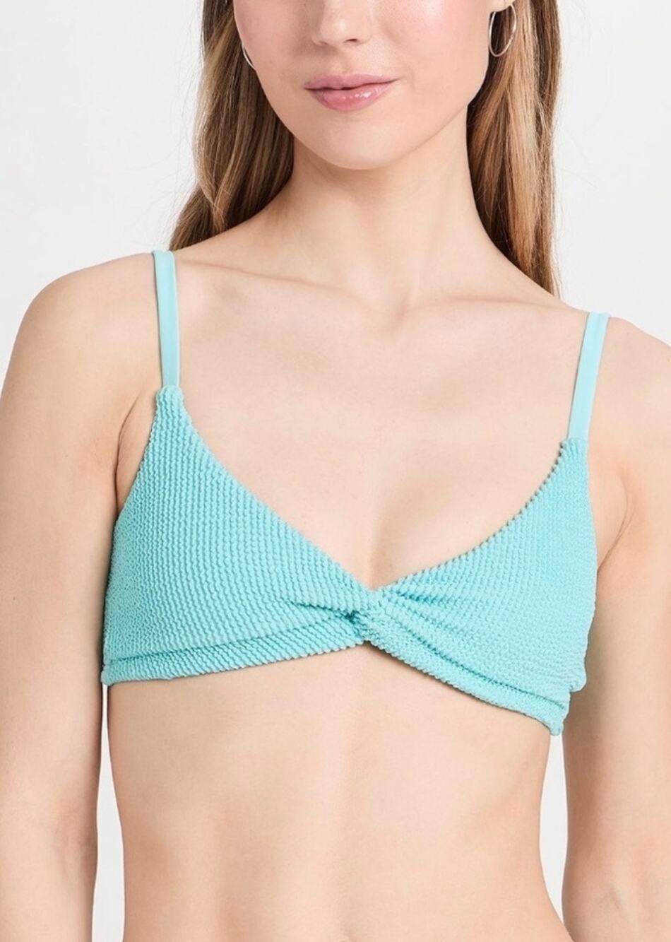 Good American Bikini Top SZ Small NWT Aqua Blue Textured Twist Front Swim Beach